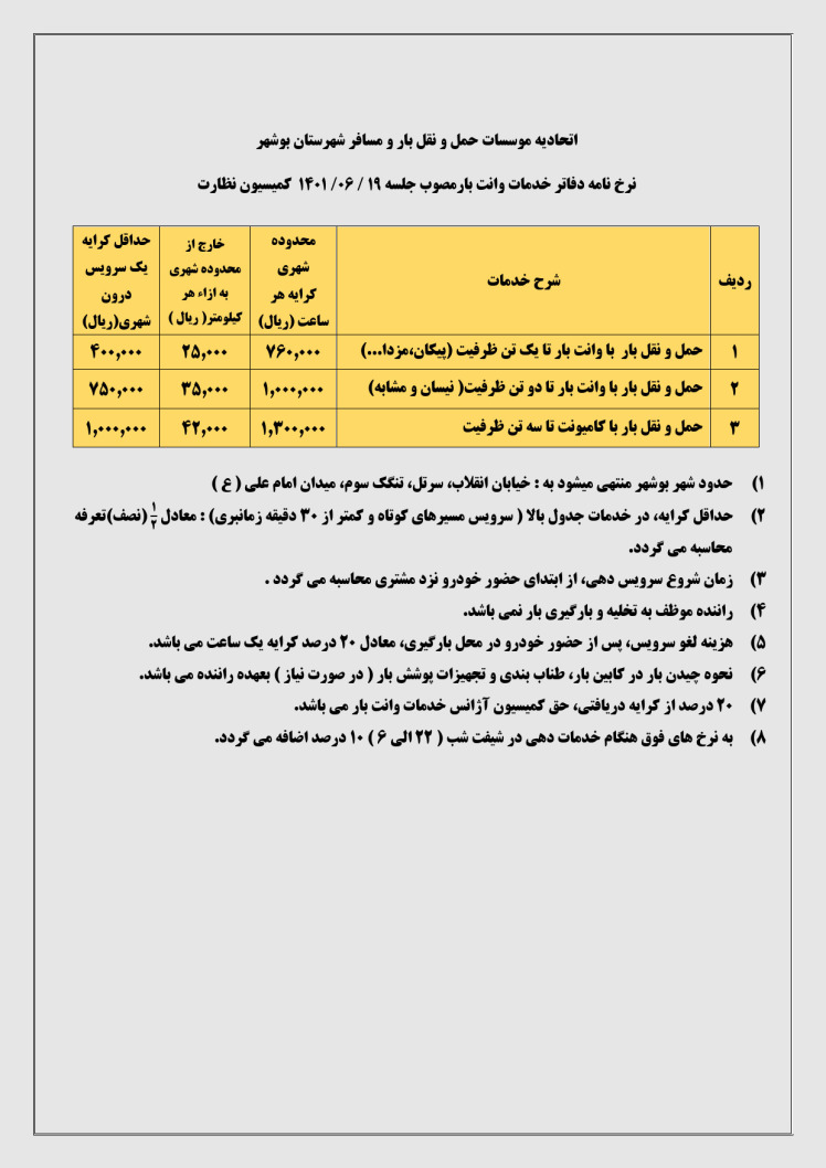 نرخ نامه دفاتر خدمات وانت بار شهرستان بوشهر