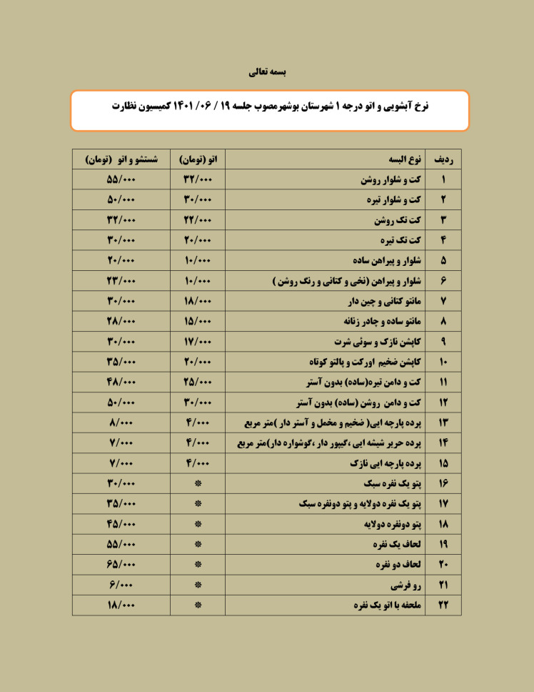 نرخ آبشویی و اتو درجه 1 شهرستان بوشهر